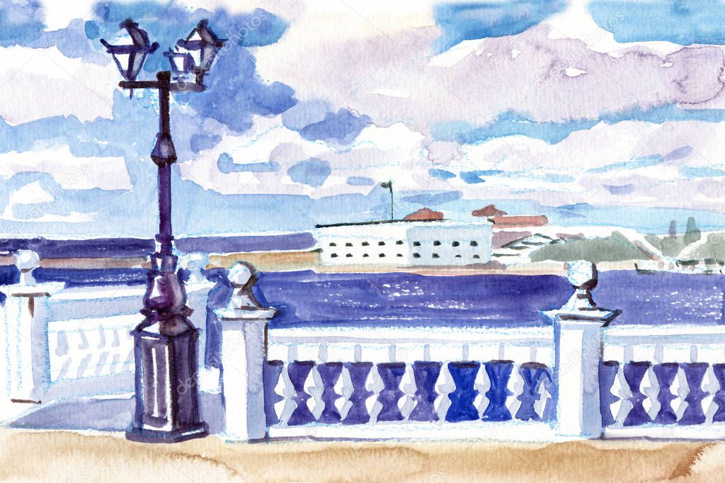 Watercolor. View of the sea pier. Sevastopol, Crimea. Travels. Tourism. Hand drawn landscapes with views of the sea and ships.