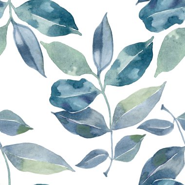 Yeşil mavi yapraklı kusursuz suluboya deseni.