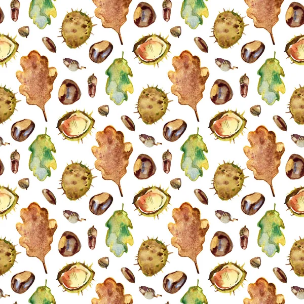 Autumn seamless pattern of chestnut, oak and maple leaves, chestnut and acorns. Warna air pada latar beige . — Stok Foto