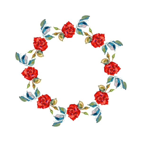 Floral wreath with bouquet red roses flowers, leaves , small twigs on white background, digital draw illustration template — Stock Photo, Image