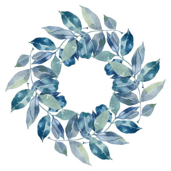 Aquarell blauer und grüner kreisförmiger Blumenrahmen. — Stockfoto