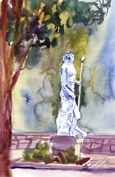 Акварельный рисунок статуи в летнем парке Акварель . — стоковое фото