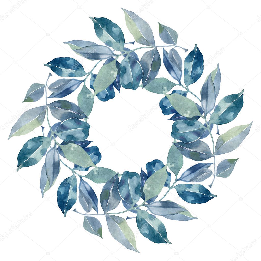 Watercolor blue and green circular floral frame.