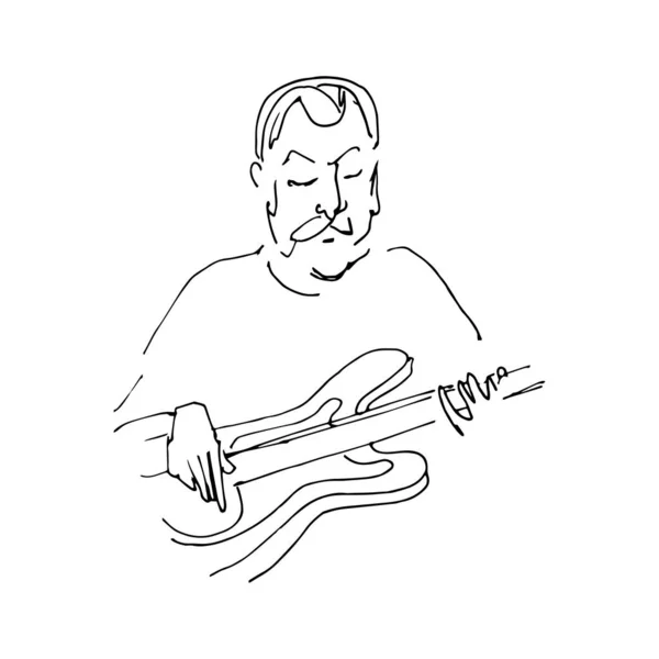Folyamatos vonalrajz ülő gitárosról, aki gitározik. Vektor kézi rajz illusztráció elszigetelt fehér háttér. — Stock Vector