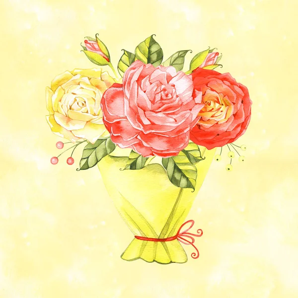 Boeket rozen, aquarel, kan worden gebruikt als wenskaart, uitnodigingskaart voor bruiloft, verjaardag, Valentijnsdag en andere vakantie en zomer achtergrond — Stockfoto