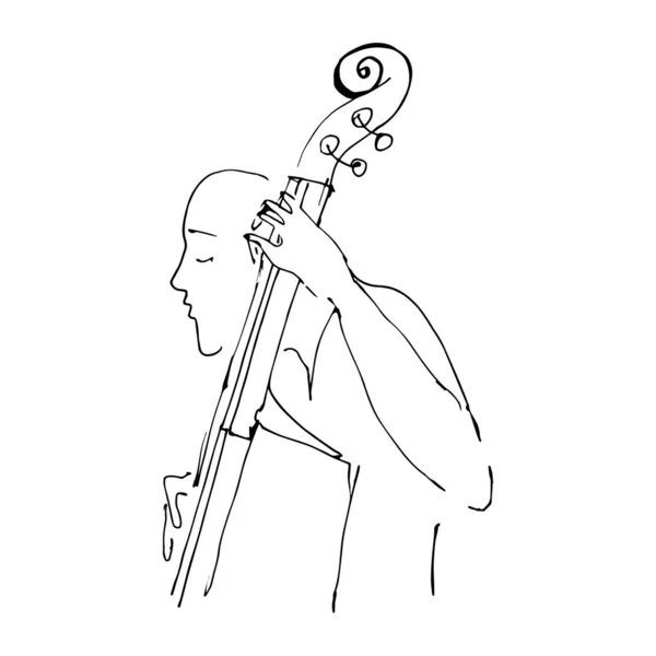 Непрерывный однострочный рисунок бас-виолончелиста музыкального инструмента. Девушка играет классические двойные басы векторные иллюстрации Симпатичный эскиз рука нарисованная линейка — стоковый вектор