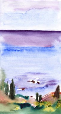 Sabahları dağlarla kaplı deniz manzarası sisli küçük deniz kenarı kasabası, suluboya resim