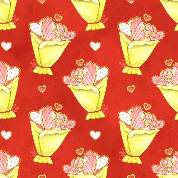 Muster Strauß Herz Blumen Valentinstag Ostern Illustration isoliert weiß Hintergrund Textil Grußkarte — Stockfoto