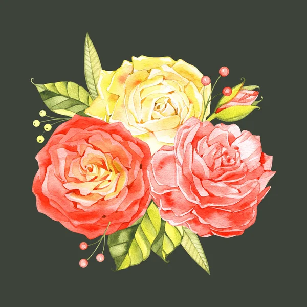 Kytice růží, akvarel. Akvarelové růže kytice s balicím papírem. — Stock fotografie