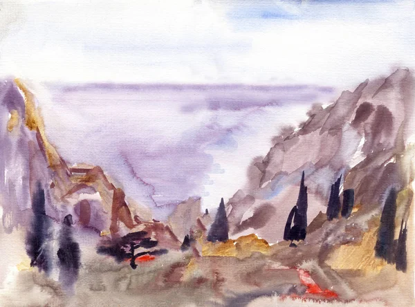 Seascape com montanhas na névoa da manhã neblina com pequena cidade à beira-mar, pintura aquarela — Fotografia de Stock