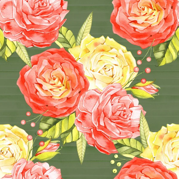 Seamless floral pattern with roses, watercolor illustration background. — Stock Photo, Image