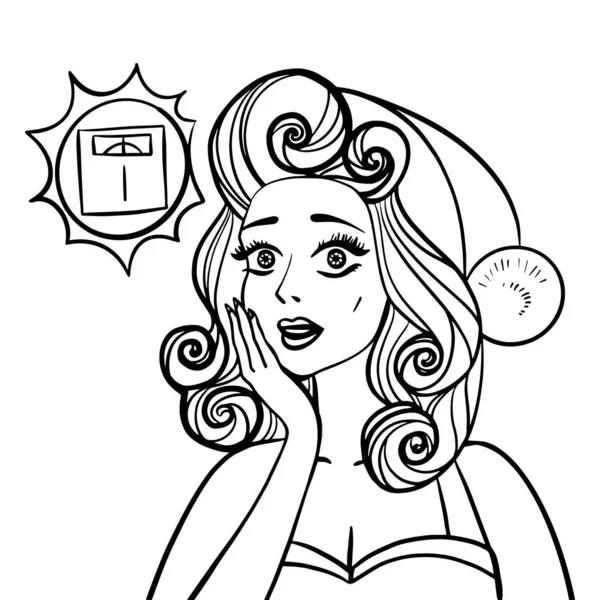 La mujer tiene miedo de pesarse después del año nuevo. Divertido vector ilustración pinup estilo. Blanco y negro . — Vector de stock