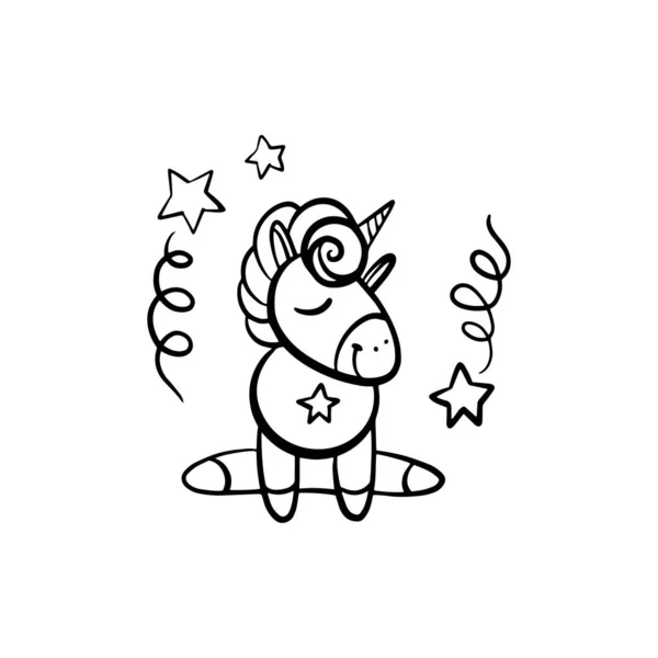 Cute little unicorn. Vector stripfiguur geïsoleerd op een witte achtergrond met zwarte rand. — Stockvector