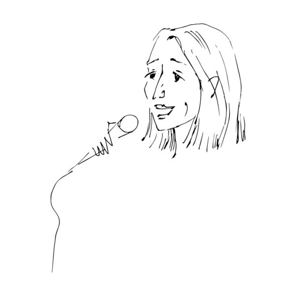 Immagine vettoriale di un tenendo un microfono in una mano, Illustrazione disegnata a mano isolata su sfondo bianco — Vettoriale Stock