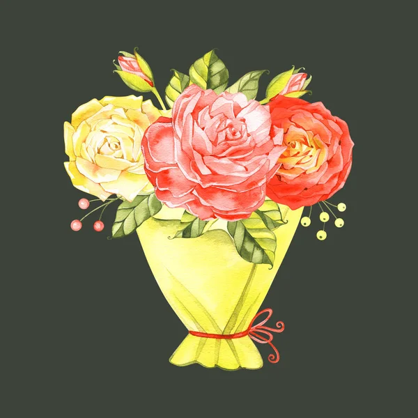 Een boeket van gele en rode rozen, vintage gestileerde aquarel tekening op witte achtergrond een decoratieve rand voor een verjaardagskaart of bruiloft uitnodiging ontwerp — Stockfoto