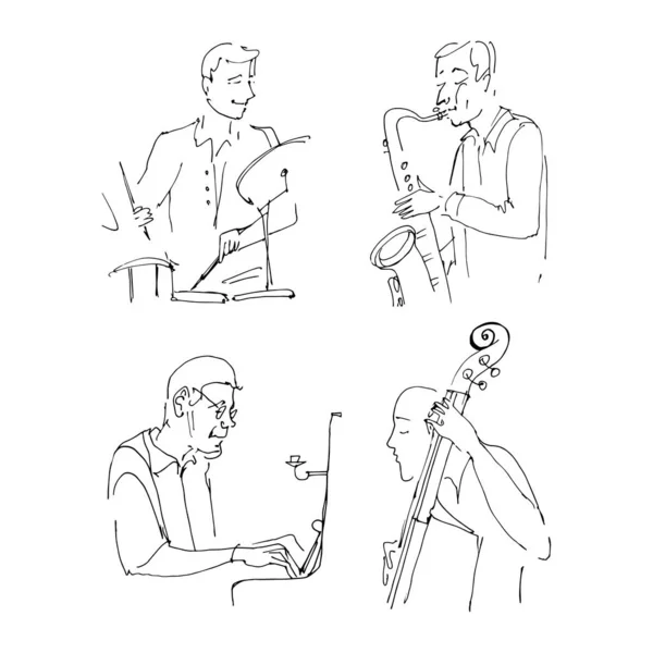 Jazz Music hand drawn moment. Saxophone, drums, contrabass, piano musicians. Trendy black and white doodle drawing vector illustration. — 스톡 벡터