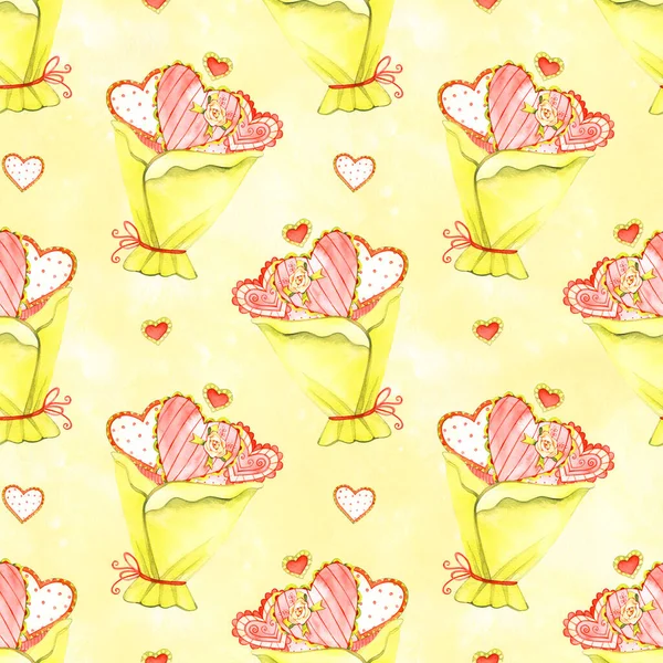 Узор букет сердца цветы валентинки день пасхальный иллюстрация изолированный белый фон текстильная открытка — стоковое фото