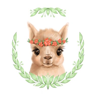 Lama ve çiçekli suluboya kartpostal. Sorun değil, ama içinde suluboya küçük lama olan şirin bir kart.