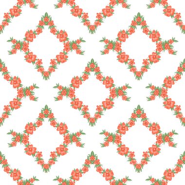 Kırmızı çiçeklerle kusursuz desen. Beyaz arkaplanda bahar dijital illüstrasyonu.