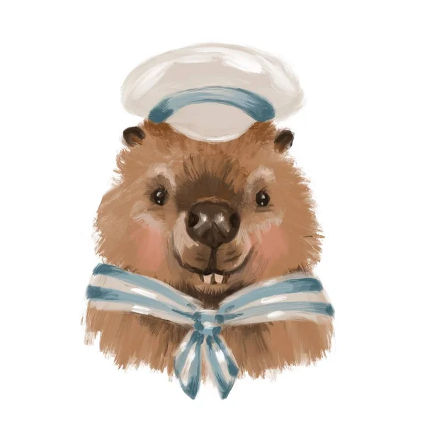 Hand drawn digital illustration of a cute beaver sailor, Little sailor. Isolated objects on white background. Concept for children print. — 스톡 사진