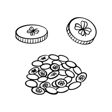 Elle çizilmiş altın paralar. Aziz Patrick Günü. Vektör illüstrasyonu