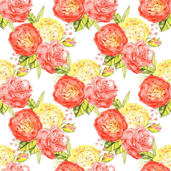 Sömlöst mönster med delikata buketter av rosor, nypon blommor, Blommigt motiv — Stockfoto