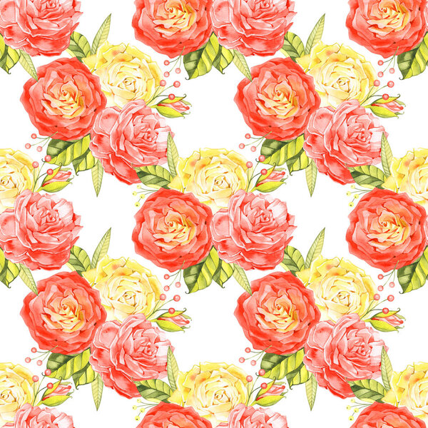 Seamless pattern with delicate bouquets of roses, rosehip flowers, Floral motif