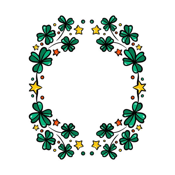 Guirlande de trèfle sur fond blanc. Carte de voeux Saint Patrick avec couronne de trèfle. Irlandais. Illustration vectorielle plate. Bon pour le texte et les cartes — Image vectorielle