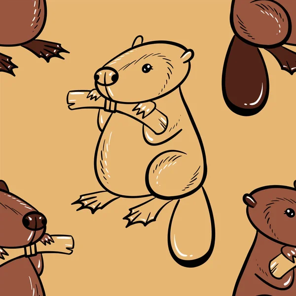 Cute seamless pattern with beaver and logs. Hand draw cartoon illustration. — Stock vektor