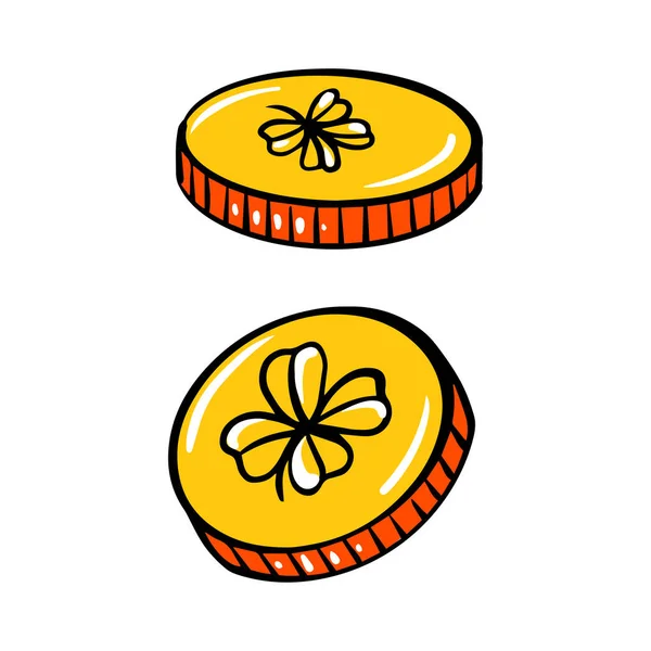 Monedas de oro con trébol de cuatro hojas, ilustración vectorial, para el día de San Patricio — Archivo Imágenes Vectoriales