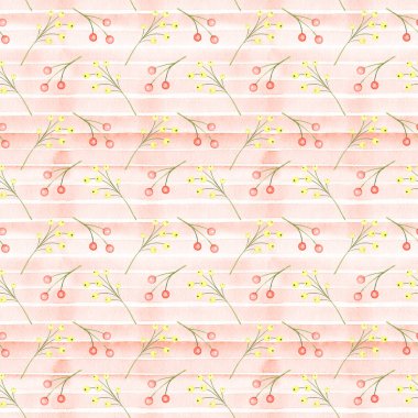 Kırmızı Fiyonk Suluboya, Dut Dalları Kusursuz Desen