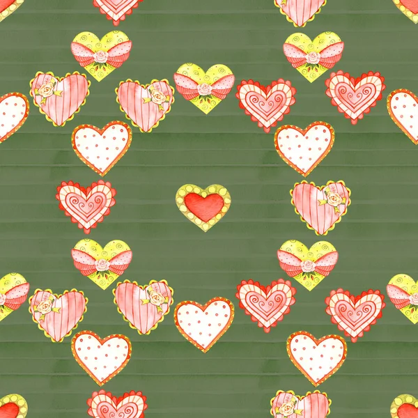 Seamless pattern with funny hearts. Watercolor texture. — Stock Photo, Image