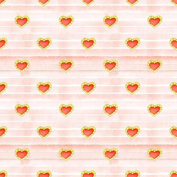 Rött romantiskt sömlöst mönster med hjärta. Handmålade akvarell stock illustration. Perfekt för födelsedag, alla hjärtans dag, bröllop inbjudningskort. — Stockfoto