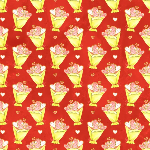 심장을 가진 빨간 로맨틱 한 물갈퀴없는 패턴. 수채화는 수채화이다. 생일 잘 맞고 발렌틴 결혼 초대장도 잘 맞고. — 스톡 사진