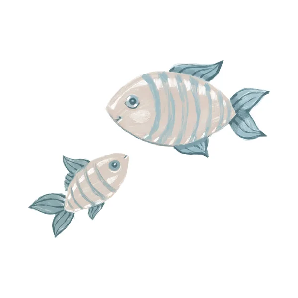 Aquarela prata peixe Pintura. Mão pintado ilustração bonito isolado no fundo branco. Arte animal subaquática realista. Mãe e bebê — Fotografia de Stock