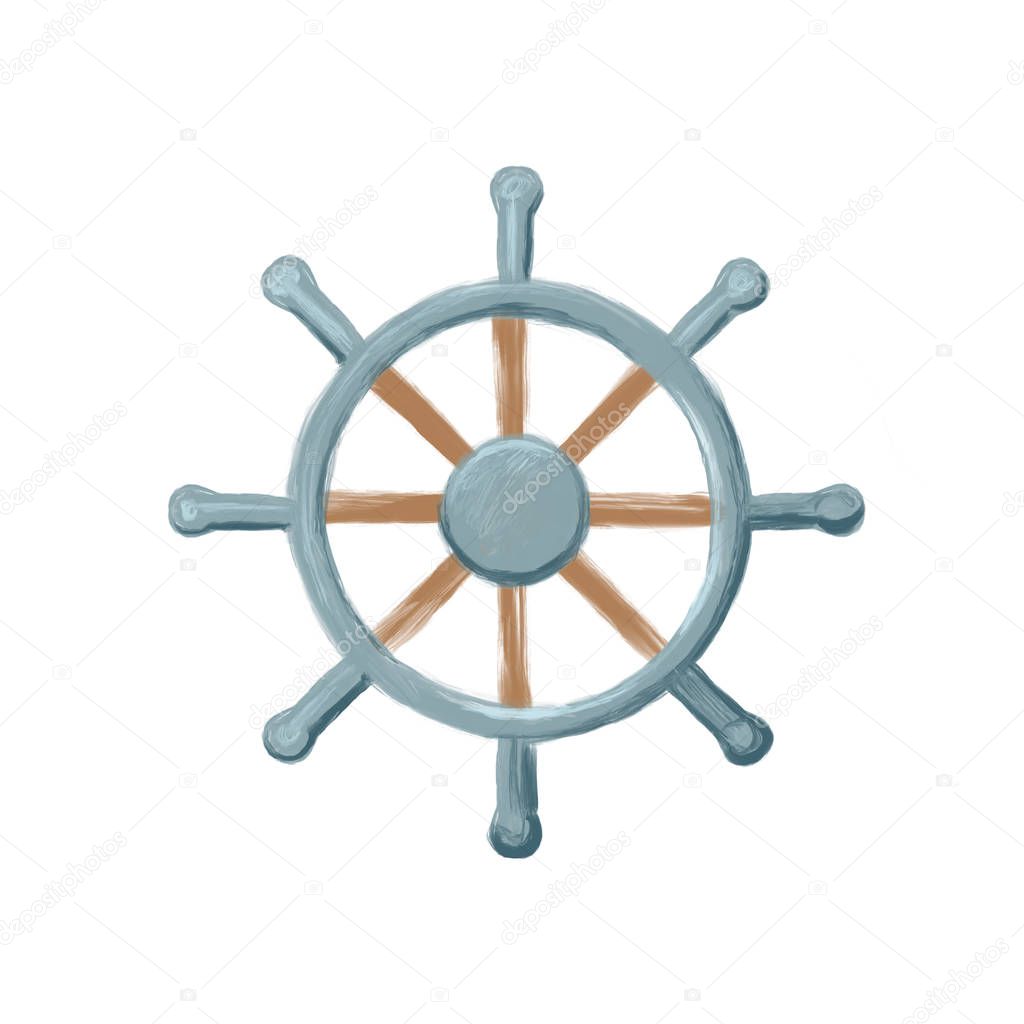 Watercolor ship steering wheel. Helm on white background.