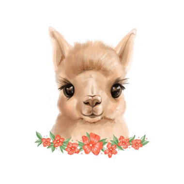 Lama ve çiçekli suluboya kartpostal. Sorun değil, ama içinde suluboya küçük lama olan şirin bir kart.