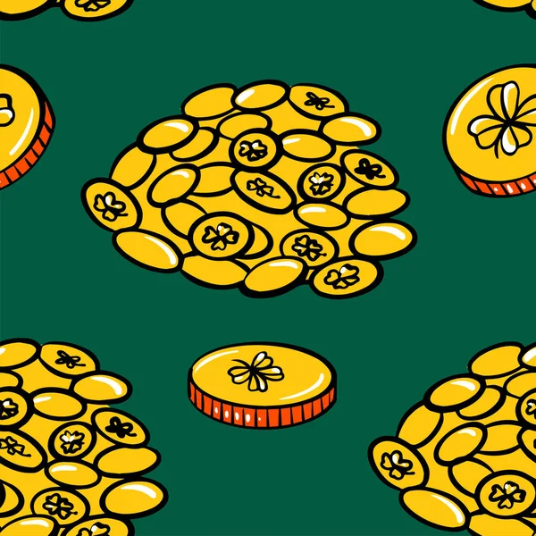 Bezešvé vzory mince s obrázkem jetele listového. Vektorová ilustrace pozadí svatého Patricka dne. — Stockový vektor