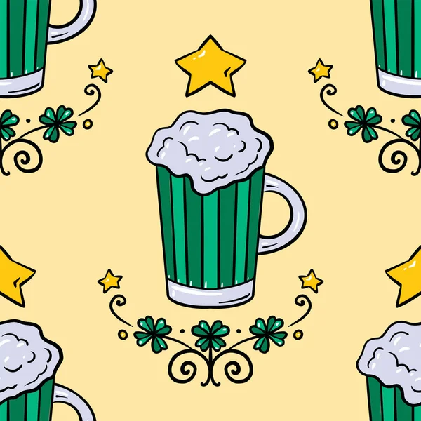 Feliz día de San Patricio. Dibujos animados Patrón sin costura con cerveza.. Fondo de vacaciones divertido — Archivo Imágenes Vectoriales