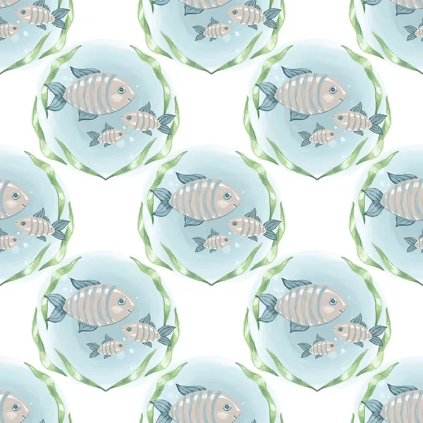 Cute watercolor fish on white background - beautiful summer seamless hand drawn pattern - illustration — 스톡 사진