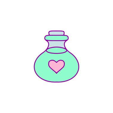 Beyaz arka planda izole edilmiş kalpler ve yıldızlarla suluboya aşk iksiri şirin vektör çizimi. Baskı, afiş, kart veya tekstil tasarımı için tek boynuzlu at temalı resim