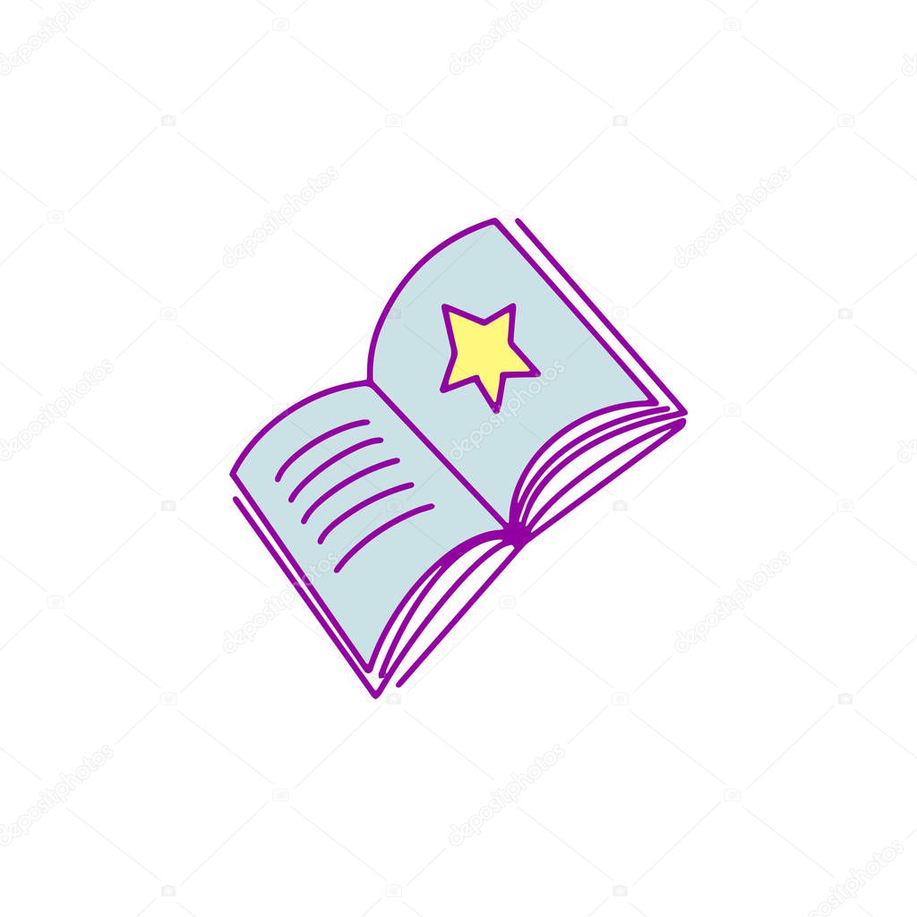 Open magic book with star. Isolated on white background. Cartoon icon. Vector illustration. Magic reading logo. Fairytale pictogram. Power of knowledge sign