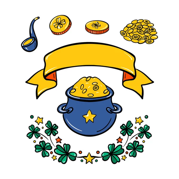 Коллекция традиционных символов Дня Святого Патрика. Клевер, украшение паба, горшок с золотыми монетами. Векторная иллюстрация на белом фоне — стоковый вектор