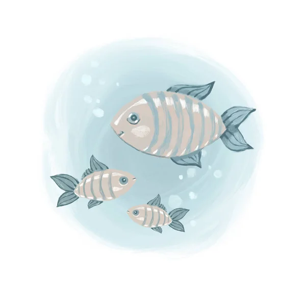 Fish family, set of silver blue watercolor fish, digital drawing, art, nature. — Stock Photo, Image