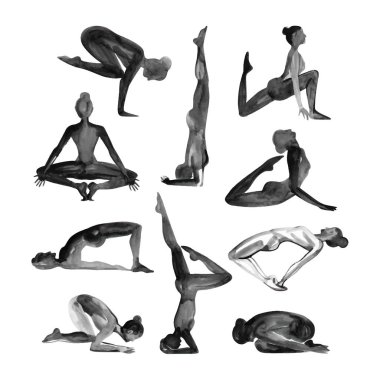 Suluboya yoga. Yoga siluet küme. Siluet güzel suluboya arka plan üzerinde