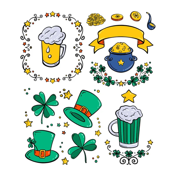 San Patricio s Day colección de símbolos tradicionales. trébol, decoración de pub, olla de monedas de oro. Ilustración vectorial aislada sobre fondo blanco — Vector de stock