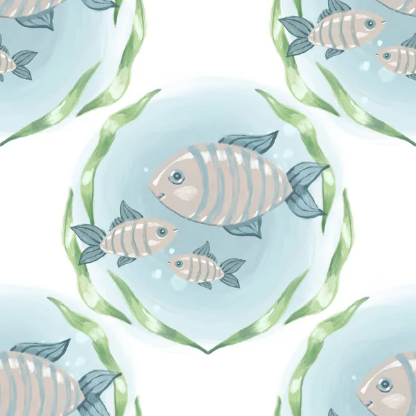 Lindo pez acuarela sobre fondo blanco - hermoso verano sin costuras dibujado a mano patrón - ilustración — Foto de Stock