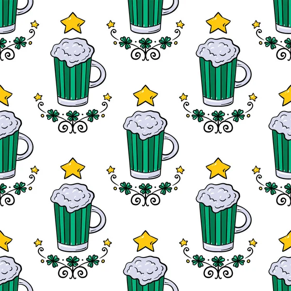 Happy St. Patrick s Day. Cartoon Seamless pattern with beer.. Funny holiday background — Stock Vector