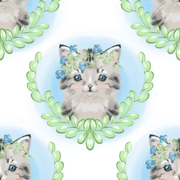 Бесшовный акварельный узор с милыми котятами в цветочных венках. Ручной рисунок животных. Весеннее летнее настроение — стоковое фото