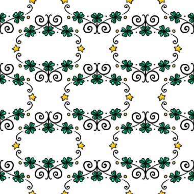 Aziz Patrick günü pürüzsüz desen - yonca ya da yonca yaprakları ve yıldızlar, soyut çiçek süsü, geleneksel tatil vektör arka planı, tekstil, dijital kağıt